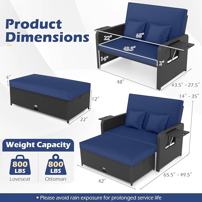 Tangkula Patio Rattan Daybed with 4-Level Adjustable Backrest, Outdoor PE Wicker Loveseat with Storage Ottoman & Folding Side Tray, Double Sunbed Lounger for Balcony, Backyard & Poolside (Navy)