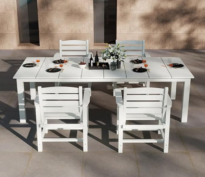 5-Piece White Outdoor Dining Set for 4, 75.2'' HDPE Table with Umbrella Hole & Chairs, Weather-Resistant Patio Furniture for Garden, Lawn, or Poolside