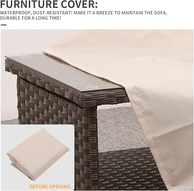 Outdoor Wicker Coffee Table Patio Furniture Garden Rattan 2-Layer Glass Table with Storage and Furniture Cover, Brown