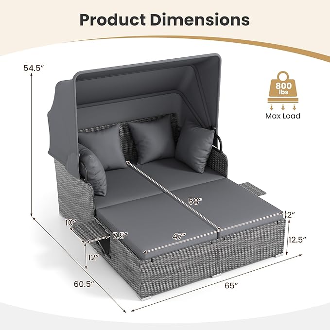 Tangkula Patio Rattan Daybed with Retractable Canopy, Outdoor Wicker Sunbed Lounger with 2 Foldable Side Tables, Thick Seat & Back Cushions, Outside Double Daybed for Garden, Backyard, Porch, Grey