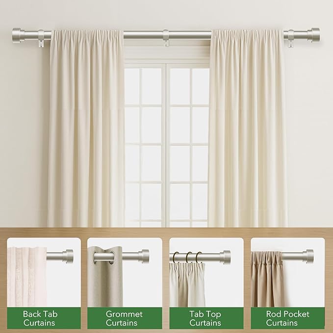 Curtain Rods for Windows 32 to 240, 1 Inch Adjustable Heavy Duty Long Window Curtain Rod with Simple End Caps, Outdoor Drapery Rods for Patio, Size 32"-240", Brushed Nickel