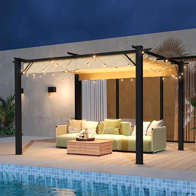 Aoxun 10'x12' Outdoor Pergola, Patio Aluminum Pergola with Upgraded Retractable Canopy, Heavy Duty Metal Pergolas and Gazebos with Adjustable Sun Shade Cover for Modern Backyard, Deck, Garden