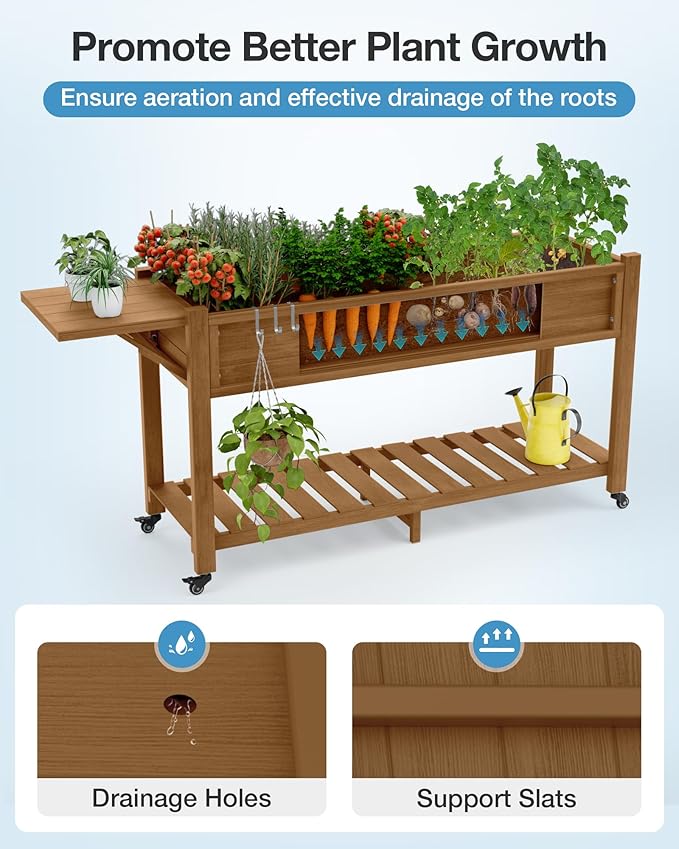 YEFU Raised Garden Bed with Legs: 57x18x30in Weight Capacity 400lb - Waterproof Raised Planter Box with Wheels - Elevated Garden Bed with Storage Shelf - Weather Resistant - for Deck/Patio/Porch/Teak