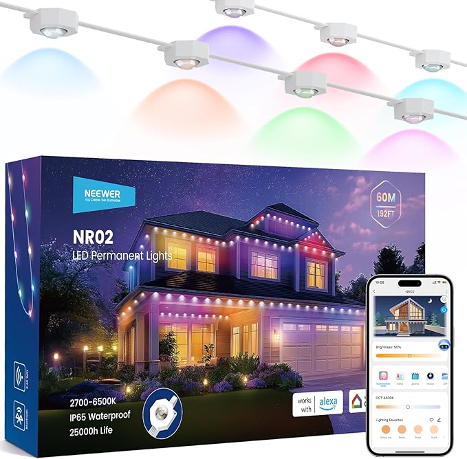 NEEWER 196ft Permanent Outdoor Lights for House Decor, Smart AI RGBCW Outside Eaves String Christmas Lighting with 120 LED Lights App Control 50+ Scenes IP65 Waterproof, Compatible with Alexa, NR02