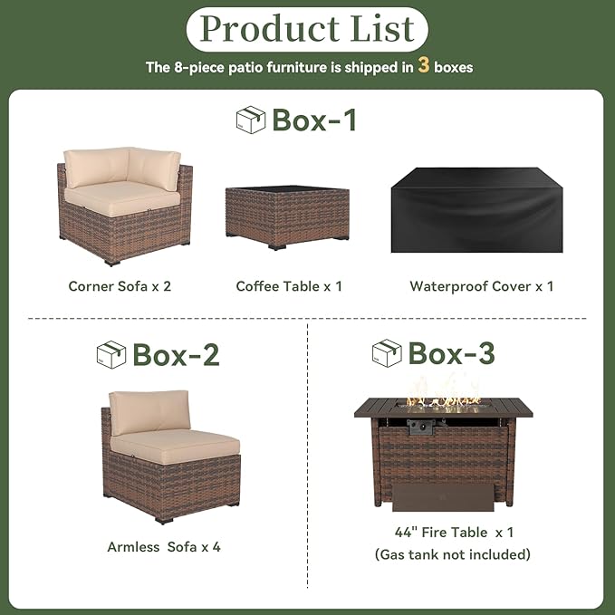 Aoxun 8 Piece Patio Furniture Set with 44” Fire Pit Table Wicker Rattan Outdoor Sectional Sofa Set with Coffee Table and Thickened Cushions, Beige (Waterproof Cover Included)