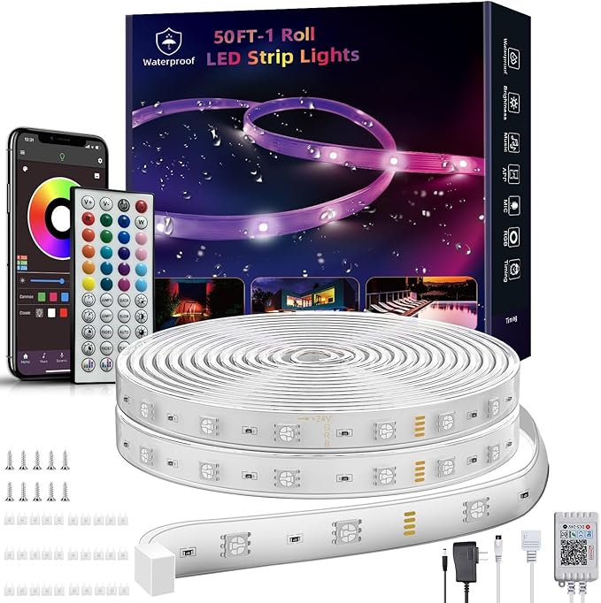 Outdoor Led Strip Lights Waterproof 50ft (1 Roll), Ip65 Outside Led Light Strip Waterproof with Remote and App Control, Exterior Led Rope Lights Music Syne RGB Strip Lights for Bedroom Decor