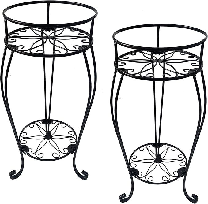 CASIMR 2 Tier Plant Stand, 2-Pack 28.1 inch Tall Metal Potted Holder Rack,Indoor Outdoor Multiple Flower Pot Shelf Rustproof Iron Garden Container for Garden Patio Living Room Corner Balcony, Black