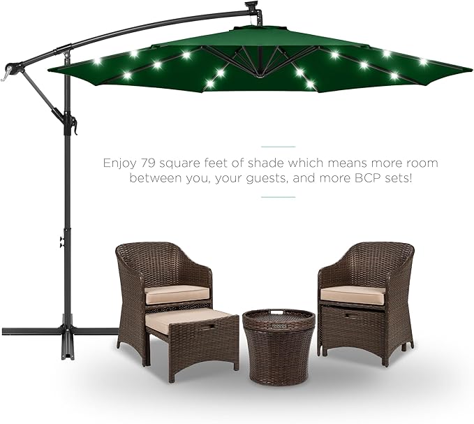 Best Choice Products 10ft Solar LED Offset Cantilever Hanging Market Patio Umbrella, 8 Sturdy Ribs, Easy Adjustment - Green