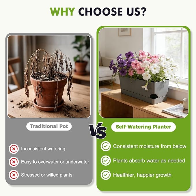 4 Pack Self Watering Pots for Indoor Plants 17 Inches Window Boxes Planters Rectangular Flower Pots Rectangle Herb Pots Large Plant Pots with Drainage Holes and Saucers Windowsill Planter, Grey