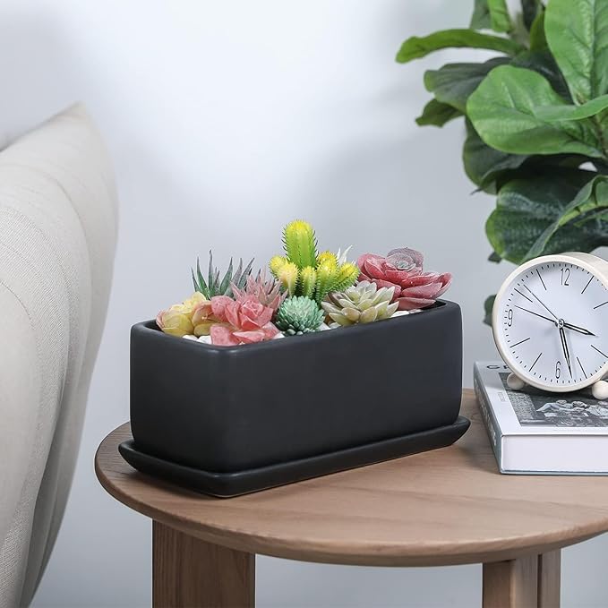 MyGift 10 Inch Matte Black Ceramic Indoor Plant Pot Succulent Planter, Decorative Flower Planter with Drainage Hole and Removable Tray