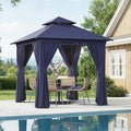 Aoxun Outdoor Gazebo for Patio 8x8 Metal Frame Canopy with Double Roofs Heavy Duty Party Tent and Shelter with Mosquito Netting and Privacy Screen for Backyard, Lawn, Garden, Deck (Navy Blue)
