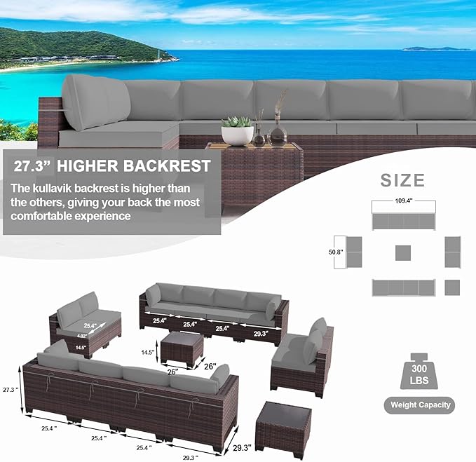 Kullavik 14 Pieces Outdoor Patio Furniture Set PE Wicker Rattan Sectional Sofa Patio Conversation Sets,Grey