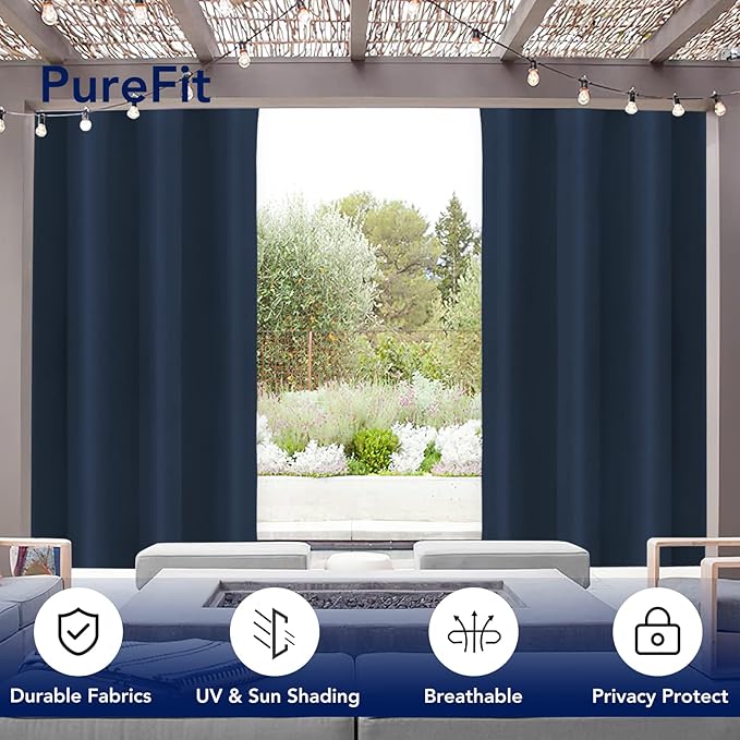 PureFit Outdoor Curtains for Patio Waterproof Weatherproof, UV Resistant Outside Curtains for Gazebo, Front Porch, Pergola, Sun Blocking Privacy Curtain, 52W x 84L inch, 1 Panel, Navy Blue