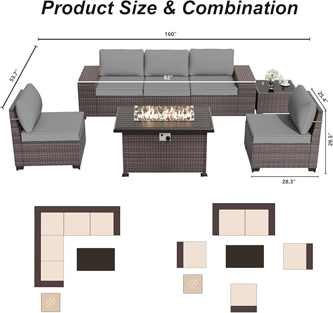 ALAULM 7 Pieces Patio Furniture Set with Fire Pit Table 55000BTU, Oversized Seat/Armrest and High Back Wicker Conversation Set with Thick Cushion for Backyard, Garden, Black