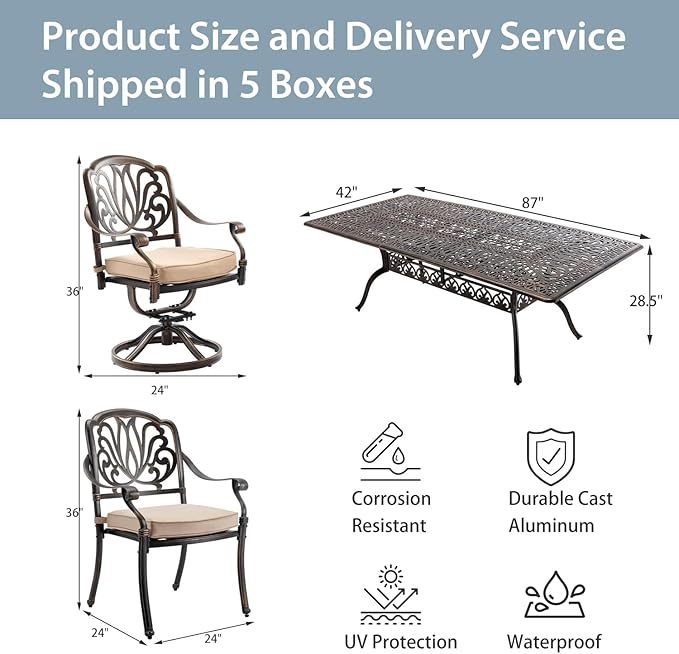 9-Piece Cast Aluminum Patio Furniture, Outdoor Dining Sets for 8 Include 87" Rectangular Patio Dining Table, 6 Stackable Chairs & 2 Swivel Chairs with Cushions & Umbrella Hole(Bronze)