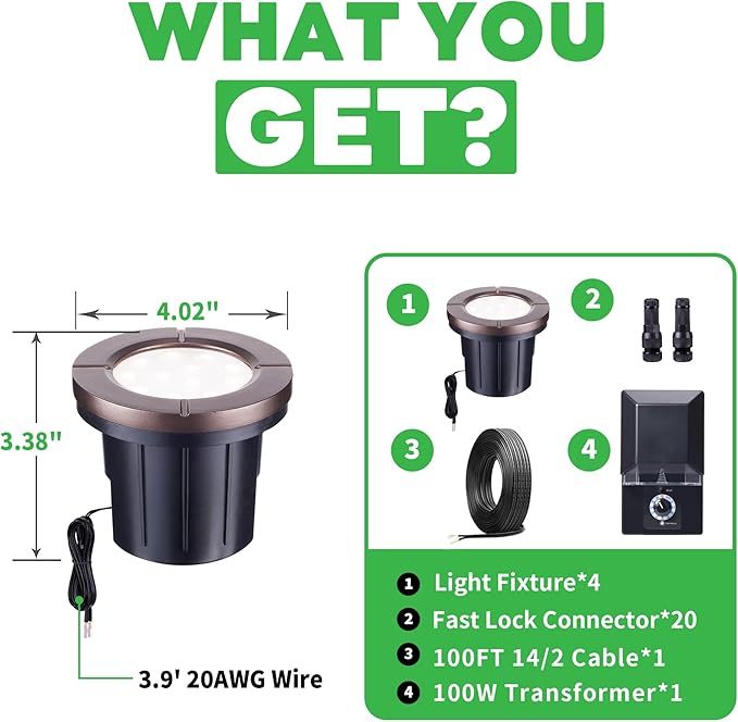 Landscape Well Lights Kit, 4 Pack LED Low Voltage Ground Lights and 100W Transformer and 100FT Cable and 20 Wire Connectors, IP67 Waterproof Aluminum for Driveway Walkway Tree 580LM