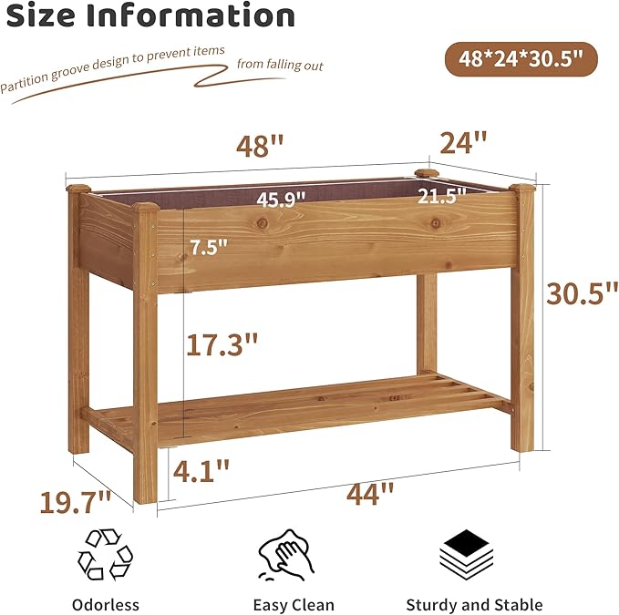 FILWH Raised Garden Bed with Legs Elevated Wooden Planter Box Stand Large Planter Stand Box for Fruits Vegetables Flowers with Divider with Bag - 48 * 24 * 30.5IN（Brown）