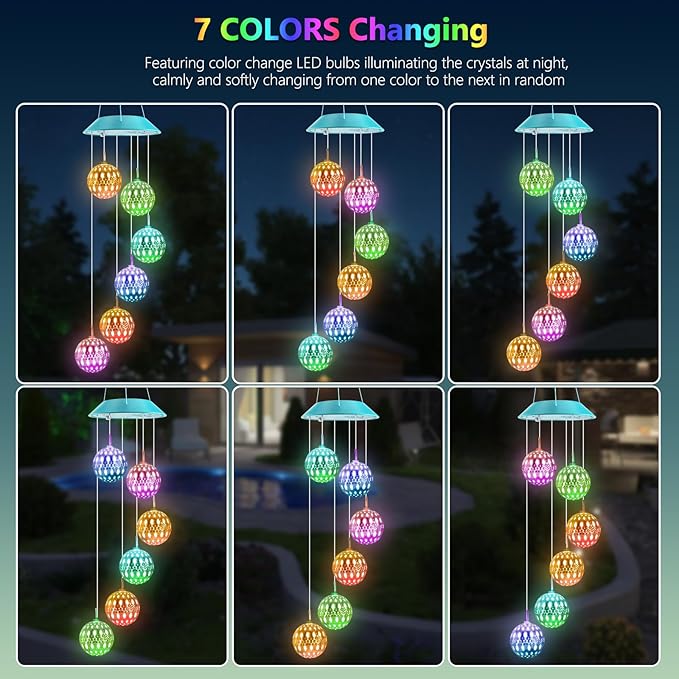 Toodour Solar Wind Chime, Color Changing Moroccan Ball Wind Chimes, LED Decorative Mobile, Gifts for Mom, Waterproof Outdoor Decorative Lights for Garden, Patio, Party, Yard, Outdoor Easter Decor