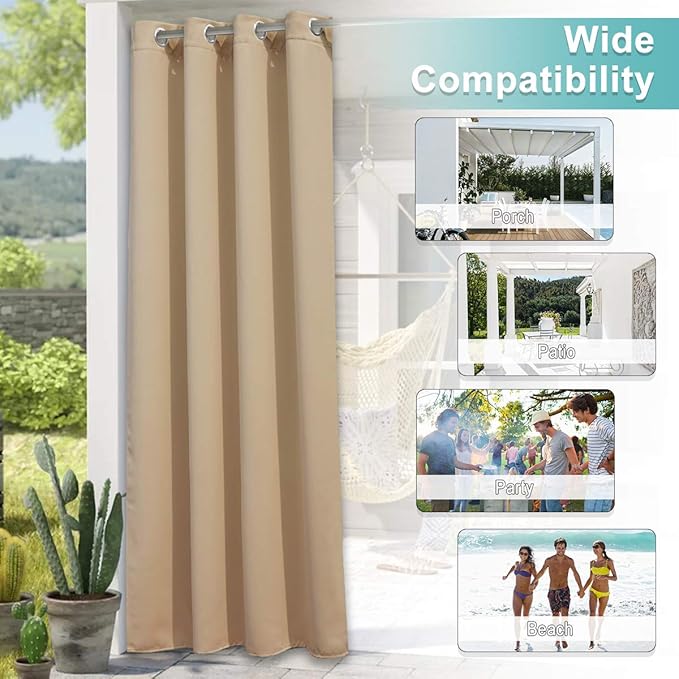 NICETOWN 2 Panels Outdoor Curtains for Patio Waterproof 108" Long, Triple Weave Stainless Steel Silver Grommet Thermal Insulated Privacy Room Darkening for Outdoor Living, Biscotti Beige, W52 x L108