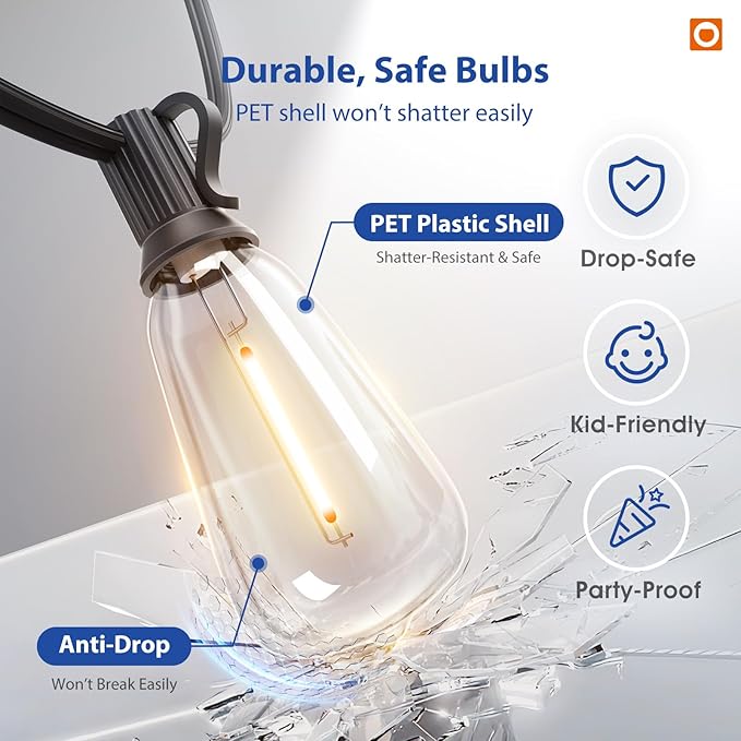 addlon 100FT(50FT*2) LED Outdoor String Lights with Remote Waterproof Patio Lights with 54 Shatterproof ST38 Replaceable Bulbs(4 Spare), Dimmable Outside Hanging Lights Connectable for Porch, Backyard