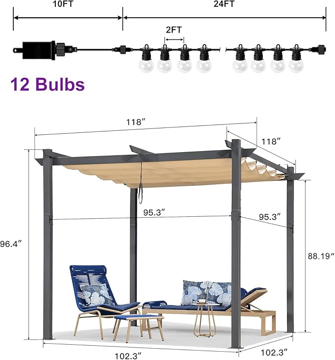 PURPLE LEAF 10' x 10' Aluminum Outdoor Pergola Modern Grape Trellis Retractable Pergola with Double Sun Shade Canopy Metal Pergola with Light for Patios Backyard Deck Garden, Khaki