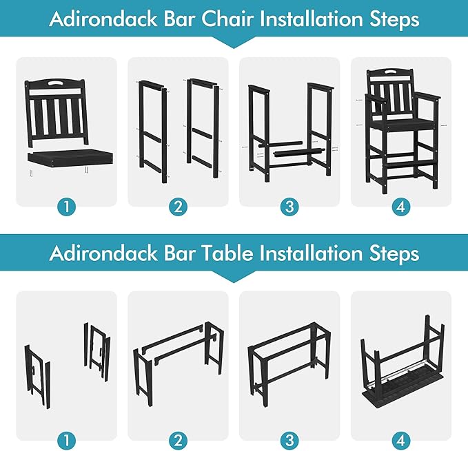 Ciokea Outdoor Bar Height Table Set of 5, 60" Extra Long Rectangle High Top Table and 4 Oversized Adirondack Chairs Set, Heavy-Duty All-Weather HDPE Patio Bar Set for Backyard Balcony Deck, Black