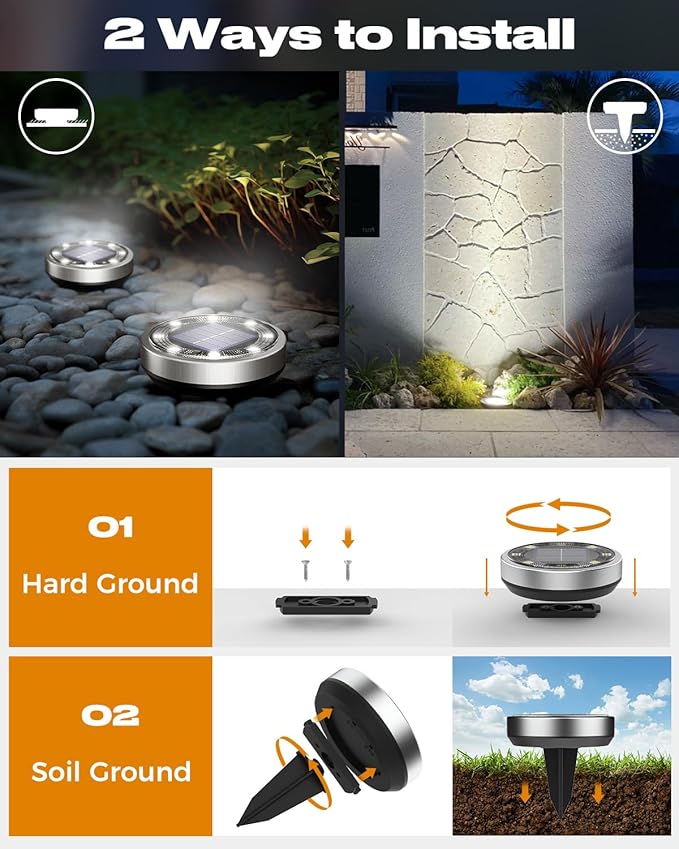 btfarm 12 Pack Solar Lights Outdoor, 8 LED Solar Ground Lights IP65 Waterproof Flat Solar Disc Light, Pathway Lights for Garden Lawn Patio Yard Path Landscape, Cool White