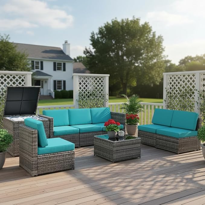 Tangkula 8 Pieces Wicker Patio Furniture Set with Storage Deck Box, PE Rattan Outdoor Sectional Conversation Set with Coffee Table & Cushions, Outside Furniture for Garden Yard Poolside (Turquoise)