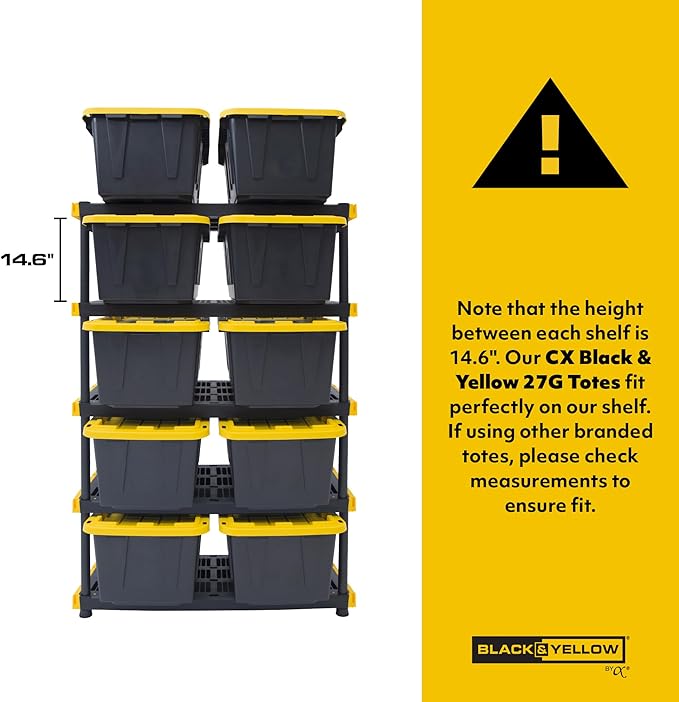 CX Black & Yellow, 5-Tier Heavy Duty Plastic Storage Shelves that Support up to 200lbs/shelf, Organization and Storage, Weather-Resistant Design, Easy Assembly (72”H x 48”W x 20”D)