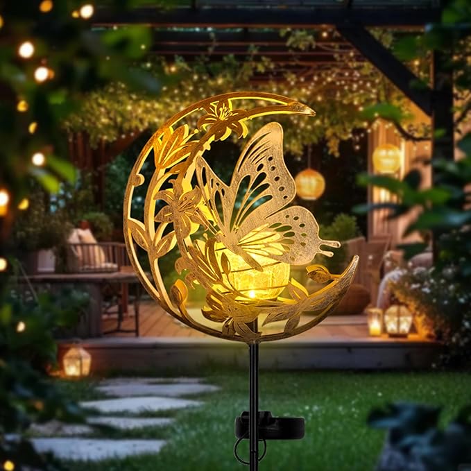 ShangTianFeng Butterfly Lights Outdoor Decor - Moon & Bird SolaGardenLights Waterproof, Auto On/Off Pathway Lighting for Yard/Lawn/Patio, Handcrafted Metal Solar-Stake-Lights for Outside Decorations