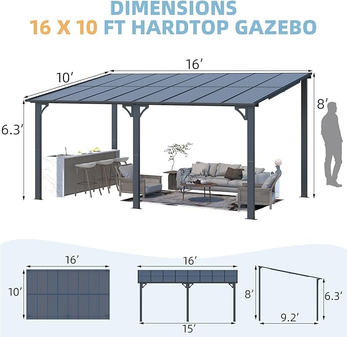 AECOJOY 16' x 10' Gazebo Outdoor Pergola, 10x16 Large Wall-Mounted Hardtop Lean to Metal Gazebo Shelter Pergolas and Gazebos Clearance with Patio Roof, Heavy Duty Awnings for Backyard, Decks