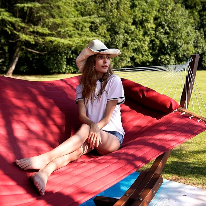 Lazy Daze Hammocks 12 FT Double Quilted Fabric Hammock with Spreader Bar and Detachable Pillow, 2 Person Hammock, 450lbs Weight Capacity, Burgundy