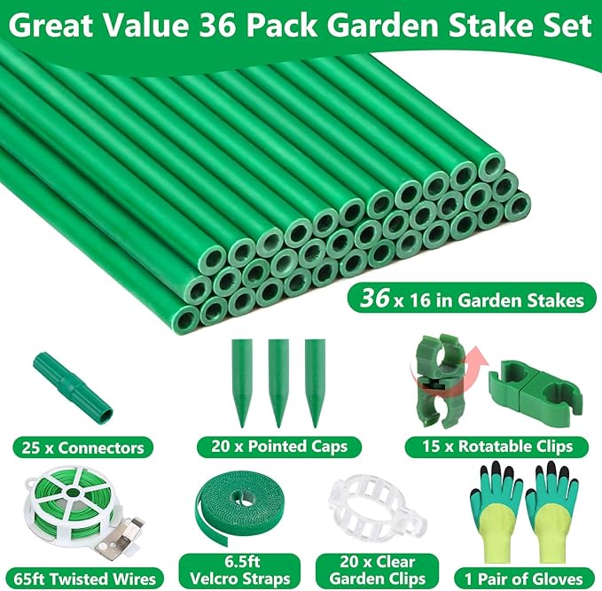 Lezmarket 36 Pack Garden Stakes(16" Each), Plant Support Stakes, DIY 4ft 5ft 6ft 7ft Sturdy Fiberglass Plant Sticks Support Garden Trellis for Growing Climbing Tomato Vegetables Flowers