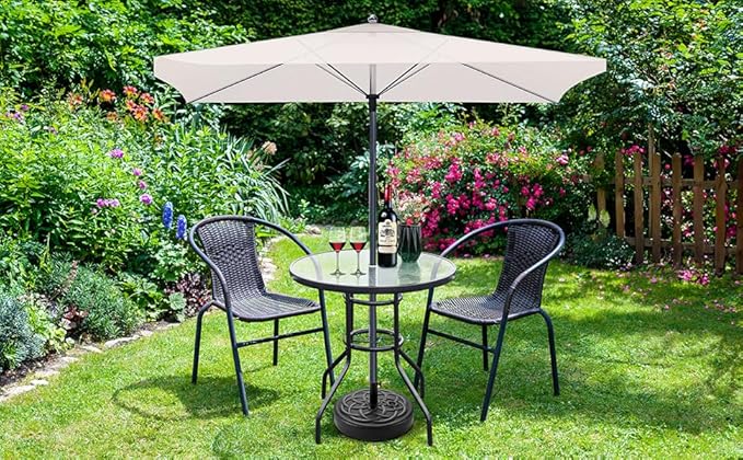 VINGLI Round Patio Table with Umbrella Hole, 32" Outdoor Dining Table Steel Tempered Glass Patio Tables Round Outdoor Tables for Balcony Garden Deck