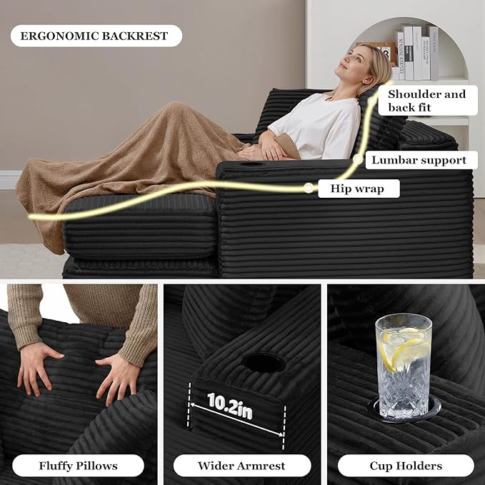 HANXIN 62" Chaise Lounge Chair Indoor, Oversized Corduroy Boneless Convertible Chaise Lounge Couch Sleeper Chair with Ottoman, Deep Seat Reading Chair, No Assembly Required (Black)