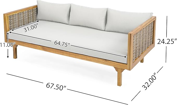 Merax 67.5" Outdoor Patio Daybed 3 Seater Sofa Bed,Acacia Wood Frame with Rattan Arm,Cushion & Pillow for Pool