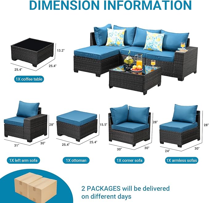 Jing's Villa 5-Piece Patio Furniture Set, All-Weather Outdoor Wicker Sectional Sofa with Cushions, Tempered Glass Table & Ottoman, Rattan Conversation Seating for Porch, Garden, Backyard,Peacock Blue