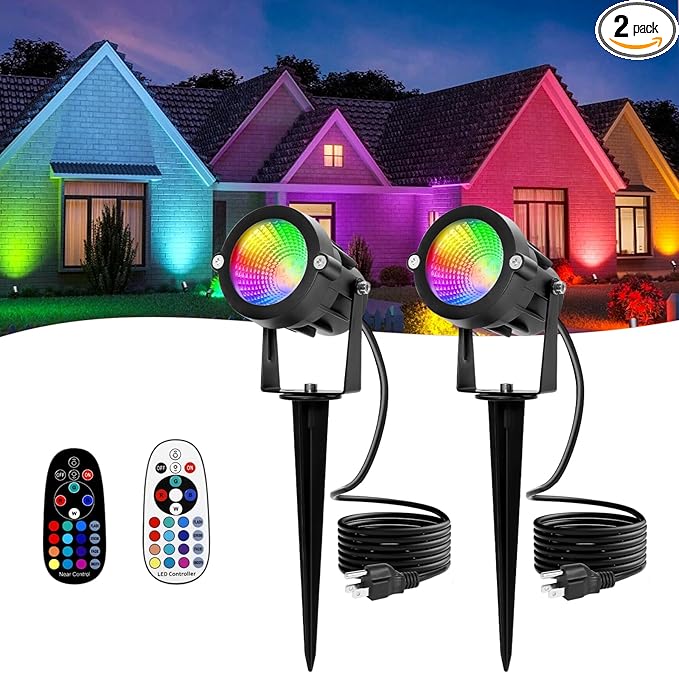 RGBW Multicolor Spotlight Outdoor: 16 Color Changing Landscape Lighting with Remotes 120V Plug in Waterproof Holiday LED Spot Light for Yard Garden Tree Bush Path Lawn Décor, 2 Pack (RGB + Warm Light)