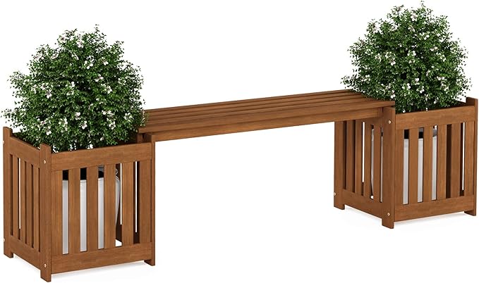 FURINNO FG19455 Tioman Hardwood Outdoor Lifestyle Flowerbox with Bench, Natural