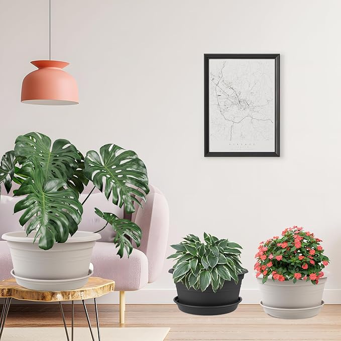 6 Pack 10 inch Plant Pot, Outdoor Pots for Plants with Drainage Hole & Tray Saucer, Round Plastic Plant Pot, Decoration Flower Pots for Indoor Plants Home Garden Outdoor Planters (Gray White)
