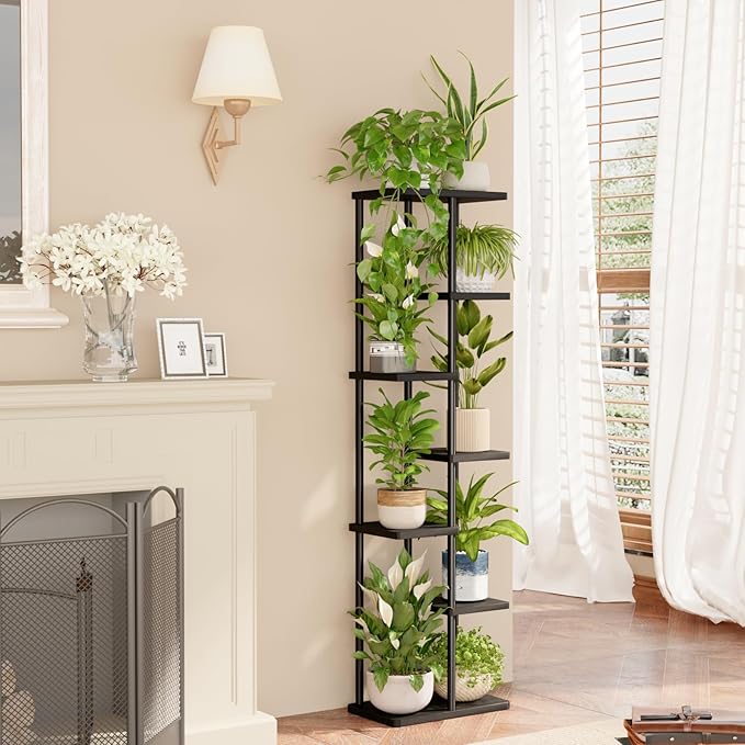 Bamworld Tall Plant Stand Indoor, Corner 7 Tier Metal Plant Shelf for Multiple Plants, Tiered Flower Pot Stands for Patio Garden Balcony Living Room Bedroom, Black