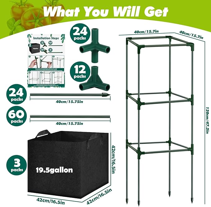 3 Pack Tomato Cages 47 Inch for Garden with 19.5 Gallon Square Grow Bags Planter Pots with Heavy Duty Trellis Plant Stakes Support Frames for Vertical Climbing Cucumber Vegetables Flowers