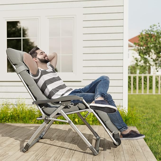 UDPATIO Oversized Zero Gravity Chair 33In XXL Patio Reclining Chair with Cushion, Outdoor Folding Recliner with Pillows, Cup Holder, Foot Rest & Padded Headrest, Support 500LB (2, Light Grey-XL)