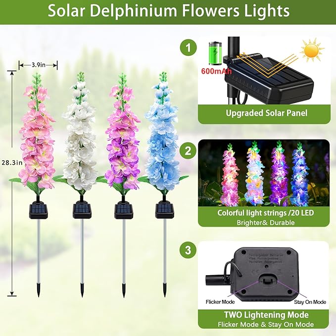 Solar Garden Lights, Solar Delphinium Flowers Lights 4 Pack 80 LEDs, Waterproof Outdoor Light Two Lighting Modes for Outside Wedding Party Garden Yard Patio Lawn Decor