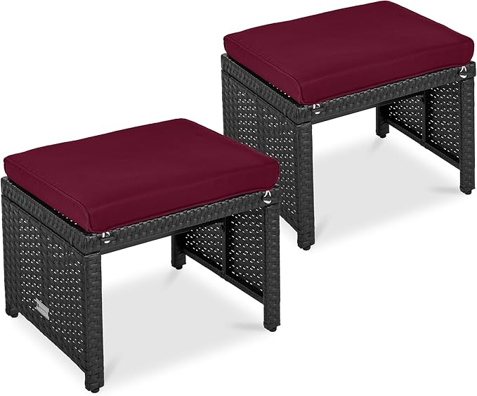 Best Choice Products Set of 2 Wicker Ottomans, Multipurpose Outdoor Furniture for Patio, Backyard, Additional Seating, Footrest, Side Table w/Removable Cushions, Steel Frame - Deep Burgundy/Black
