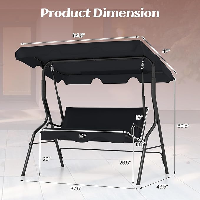 Tangkula 3 Person Porch Swing, Patio Swing with Removable Cushion & Powder-Coated Steel Frame, Outdoor Swing with Canopy for Porch, Backyard, Garden, Balcony (Black)