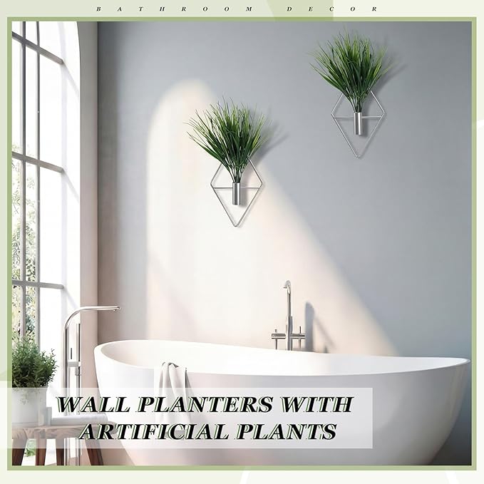 8 Pieces Silver Wall Decor Hanging Planters with Artificial Plants Metal Vase Indoor Aquatic Plant Holder Modern Geometric Wall Art for Home Bathroom Bedroom Living Room Office