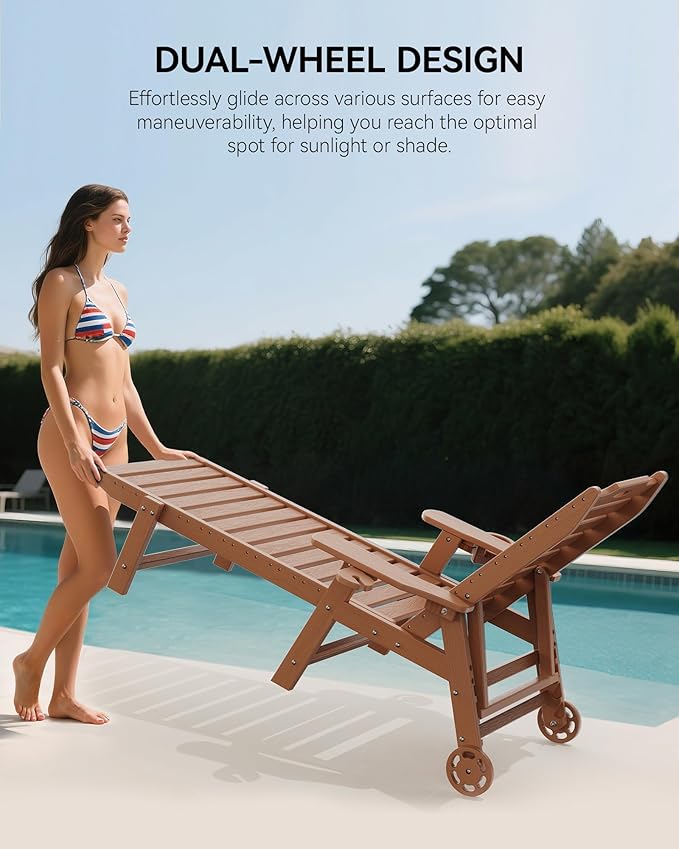Carauci Lounge Chair Outdoor Set of 4, HDPE Chaise Lounge with Wheels, 5-Position Adjustable Backrest & 2 Cup Holders Patio Lounge Chair, All-Weather Pool Sun Lounger for Poolside, Backyard, Teak