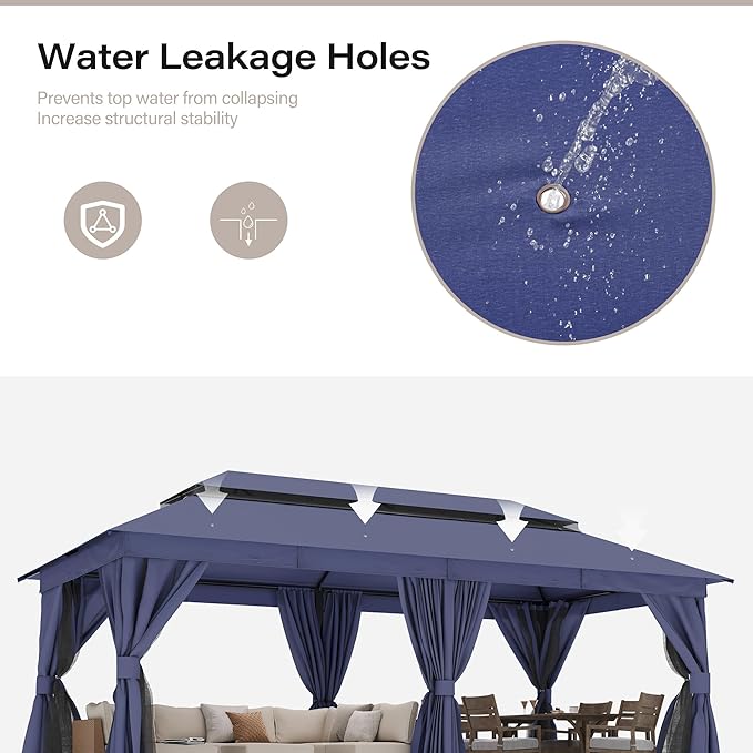 LAUSAINT HOME Semi-Permanent Outdoor Patio Gazebo 10'x20', Heavy Duty Party Tent Shelter with Double Roofs, Mosquito Nettings and Privacy Screens for Backyard, Garden, Lawn, Navy Blue