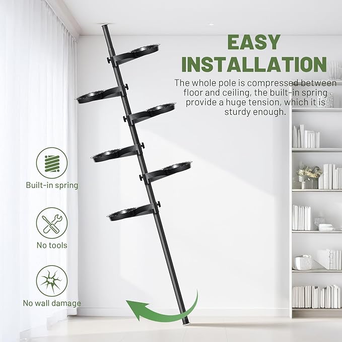 Tension Rod Plant Stand, Plant Poles for Hanging Plants Indoor, 6 Tier Tension Pole Plant Hanger, Floor to Ceiling Plant Pole with 6 Trays Hanging Plant Stand (Fit 3.6-10ft Ceiling)